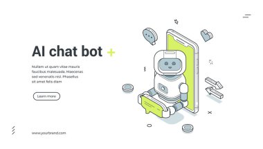 Al sohbet robotu izometrik pankartı. Çevrimiçi müşteri desteği ve mobil yardım robotu. İniş sayfası ve sanal yardım servisi için modern web şablonu çizimi