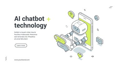 Al Chatbot teknolojisi izometrik pankart. Müşteri desteği için akıllı telefondan robot asistanı. İniş sayfası ve çevrimiçi iletişim hizmeti için modern web şablonu çizimi