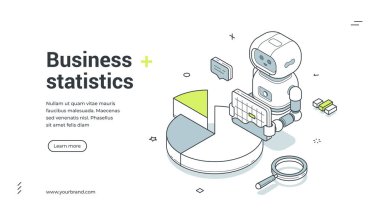 İş istatistikleri izometrik afişi. Veri analizi ve finansal analiz için çizelgesi olan robot. SEO ve AI ile piyasa araştırmaları için modern web şablonu vektör çizimi
