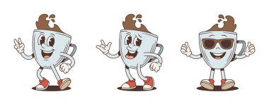 Harika bir kahve fincanı çizgi film karakteri maskotu seti. Eski bir çizgi roman tarzında vektör illüstrasyonu. Barış işareti, kaya hareketi ve baş parmaklı güneş gözlüğü takmayı içeriyor. Cafe markalaşması için