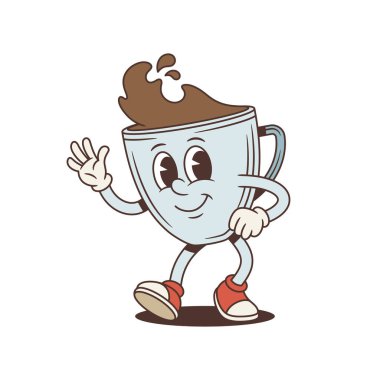 Dostça selamlaşarak kahve fincanı maskotu sallıyor. Modaya uygun retro tarzında komik bir kişilik. Bir kafe menüsü veya neşeli bir çıkartma için izole çizgi film karakter vektör çizimi