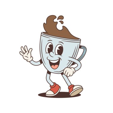 Dostça selamlaşarak kahve fincanı maskotu sallıyor. Modaya uygun retro tarzında komik bir kişilik. Bir kafe reklamı veya neşeli bir çıkartma tasarımı için izole edilmiş karakter vektör çizimi