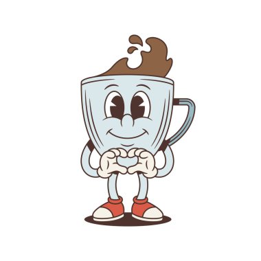 Kahve fincanı maskotu elleri olan bir kalp işareti gösteriyor. Eski moda çizgi roman karakteri. Bir aşk konsepti için izole edilmiş karakter vektör çizimi. Bir sevgi ve şefkat ilanı
