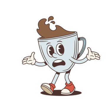 Kahve fincanı maskotu şaşırmış bir ifadeyle omuz silkiyor. Eski moda çizgi roman karakteri. Karmaşık bir konsept için izole edilmiş karakter vektör çizimi. Komik bir seçim için karışık bir ruh hali.