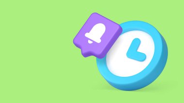 Çizgi film saati ve uyarı ziliyle minimalist 3D afiş şablonu. Zaman yönetimi, hatırlatıcılar ve son teslim tarihleri için vektör illüstrasyonu. Web, reklam ve zamanlama uygulamaları için modern tasarım