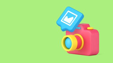 Çizgi film kamerası ve galeri ikonu olan minimalist 3D afiş. Fotoğraf, dijital medya ve fotoğraf paylaşımı için vektör illüstrasyonu. Web, uygulama ve yaratıcı portföy için modern tasarım