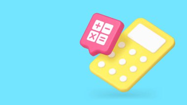 Çizgi film hesap makinesi ve matematik sembollü minimalist 3D afiş. Finansal muhasebe ve eğitim için vektör illüstrasyon. Web, iş raporları ve bütçe planlaması için modern tasarım