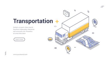 Kargo taşımacılığının Isome vektör çizimi. Küresel lojistik ve nakliye konsepti. Bir karayolu taşımacılığı ve dağıtım hizmeti için modern ana hatlar ve web sayfası şablonu