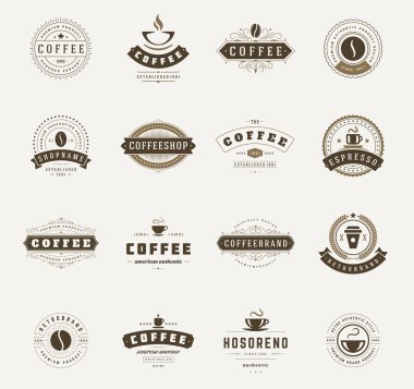 Coffee Shop logo, rozetleri ve etiket tasarım öğeleri kümesi