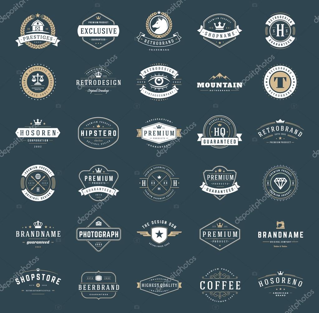 Retro Vintage Logotypes or insignias set. Vector design elements, business signs, logos, identity, labels, badges, ribbons, stickers and other branding objects