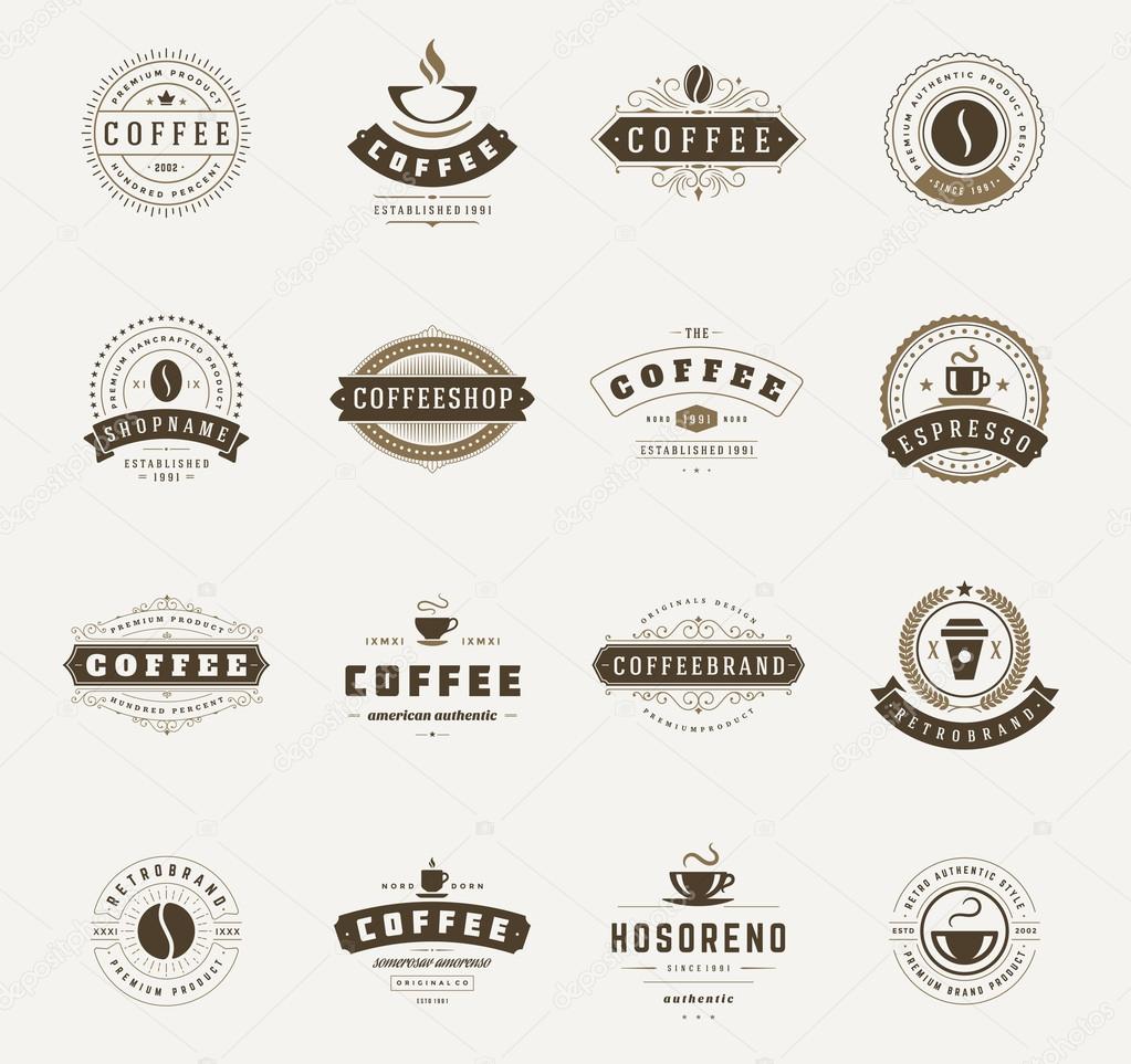 Coffee Shop Logos, Badges and Labels Design Elements set. Cup, beans, cafe vintage style objects retro vector illustration