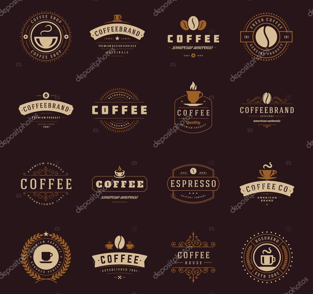 Coffee Shop Logos, Badges and Labels Design Elements set. Cup, beans, cafe vintage style objects retro vector illustration