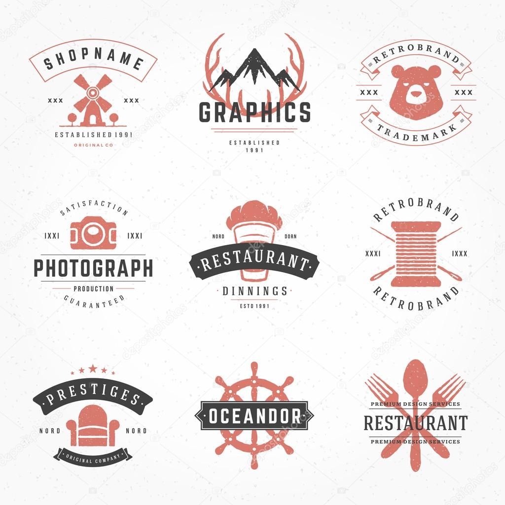 Retro Vintage Logotypes or insignias Hand drawn style set. Vector design elements, business signs, logos, identity, labels, badges, apparel, shirts, ribbons, stickers and other branding objects