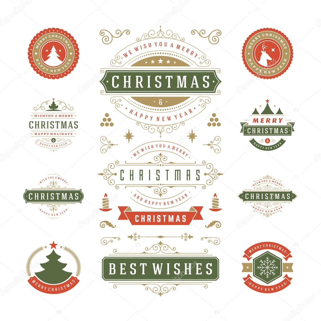 Christmas Labels and Badges Vector Design. Decorations elements, Symbols, Icons, Frames, Ornaments and Ribbons, set. Typographic Merry Christmas and Happy Holidays wishes