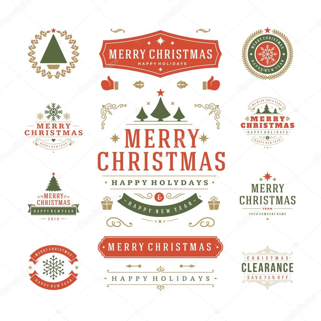 Christmas Labels and Badges Vector Design. Decorations elements, Symbols, Icons, Frames, Ornaments and Ribbons, set. Typographic Merry Christmas and Happy Holidays wishes