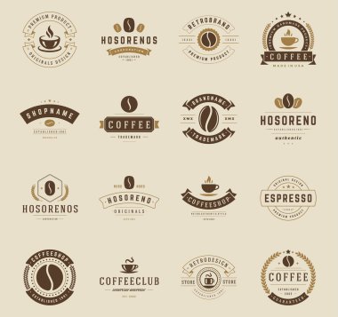 Coffee Shop logo, rozetleri ve etiket tasarım öğeleri kümesi