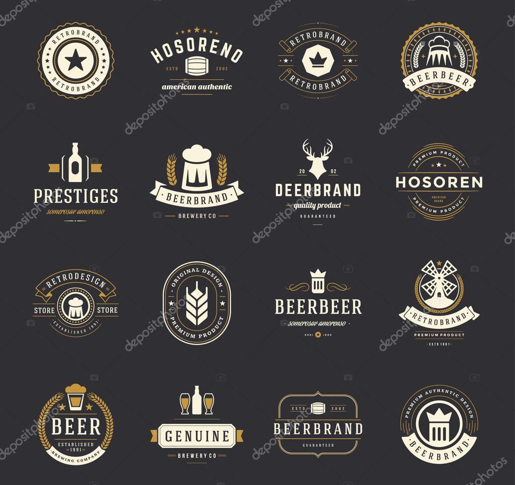 Set Beer Logos, Badges and Labels Vintage Style. Design elements retro vector illustration