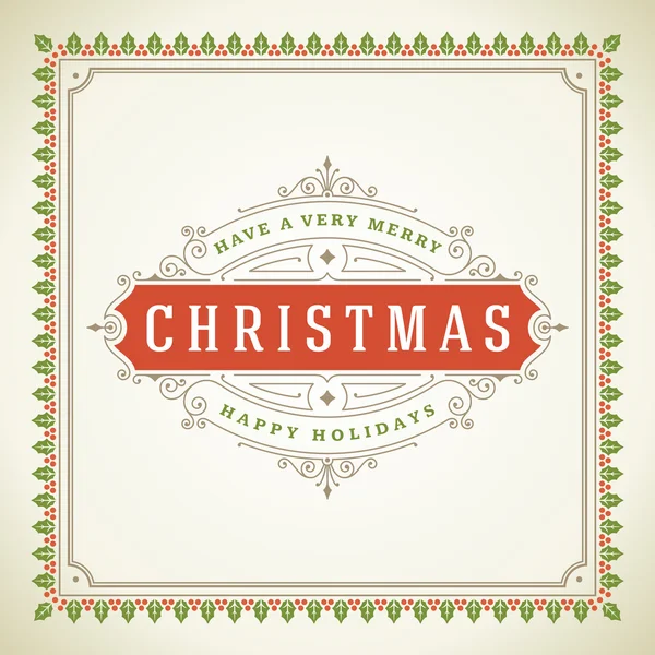 Kerstmis retro typografische en bloeit ornament decoratie — Stockvector