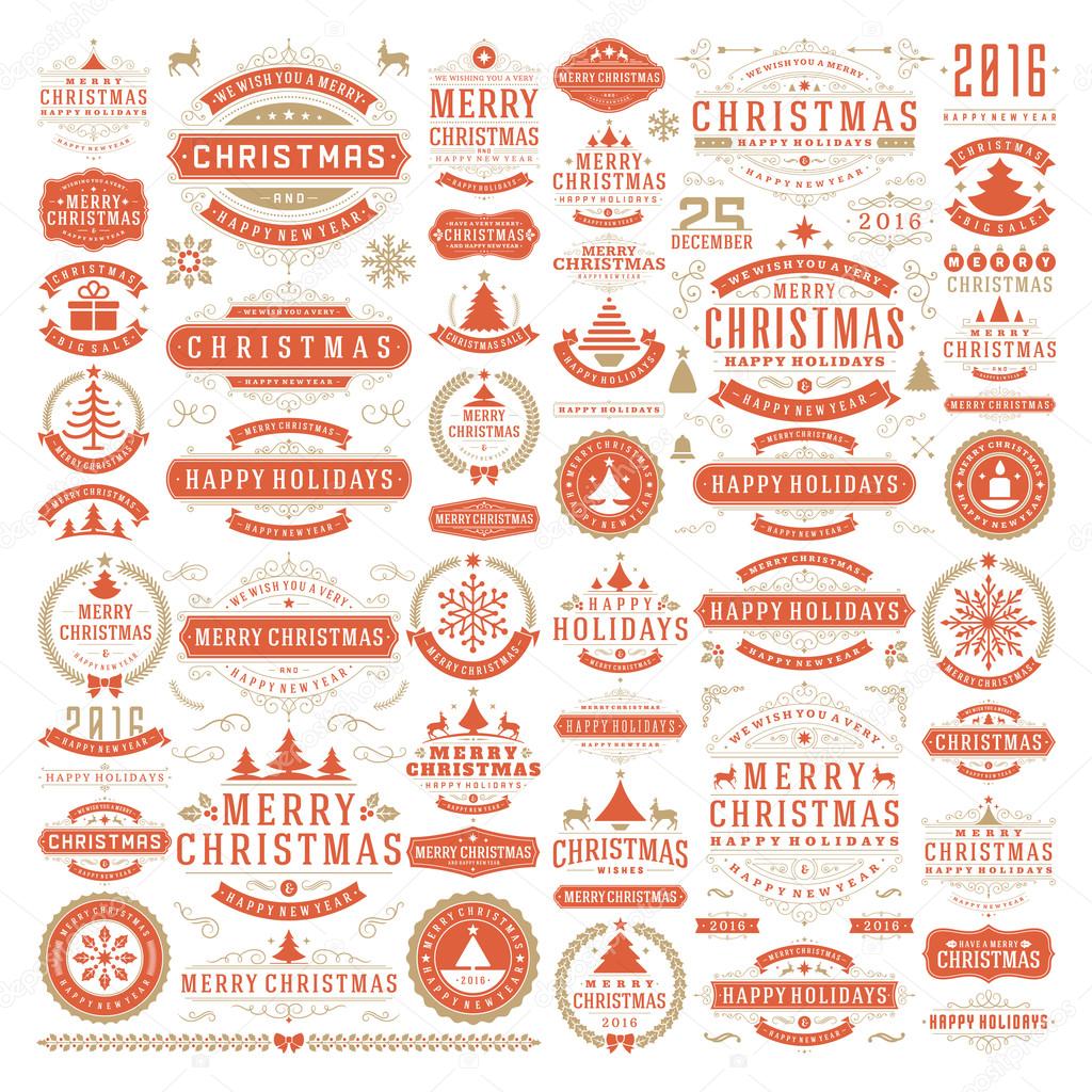 Christmas decorations vector design elements. Typographic messages, vintage labels, frames ribbons, badges logos, ornaments set. Flourishes calligraphic. Big Collection