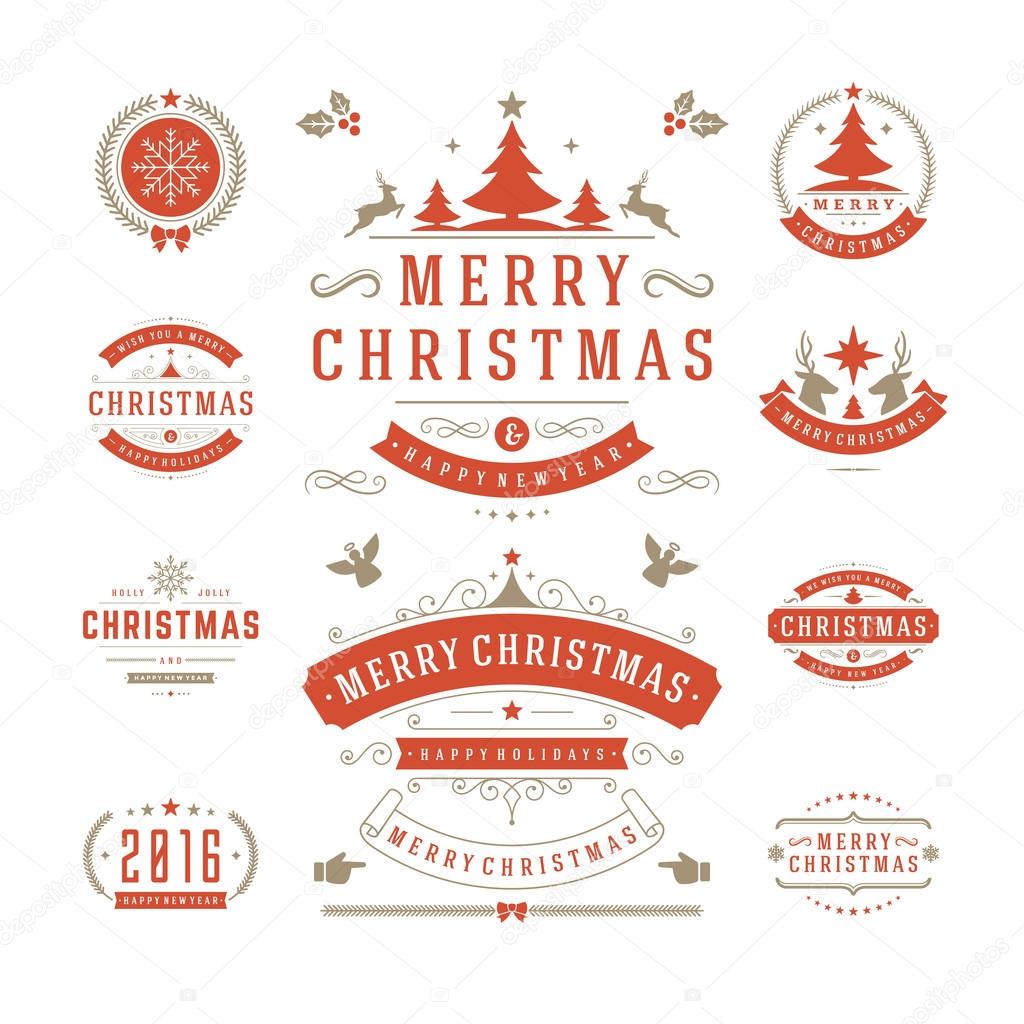 Christmas Labels and Badges Vector Design. Decorations elements, Symbols, Icons, Frames, Ornaments and Ribbons, set. Typographic Merry Christmas and Happy Holidays wishes