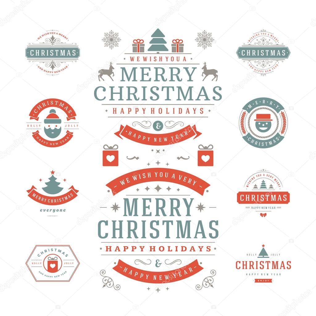 Christmas Labels and Badges Vector Design. Decorations elements, Symbols, Icons, Frames, Ornaments and Ribbons, set. Typographic Merry Christmas and Happy Holidays wishes