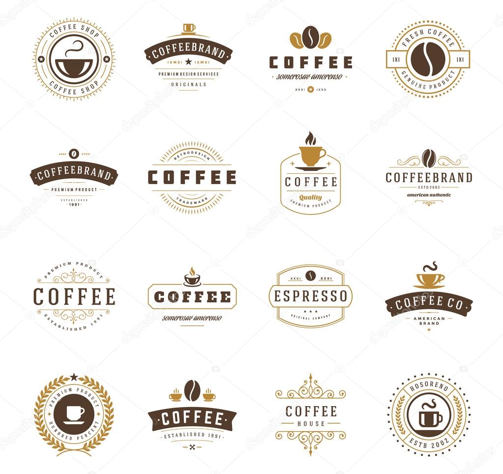 Coffee Shop Logos, Badges and Labels Design Elements set. Cup, beans, cafe vintage style objects retro vector illustration