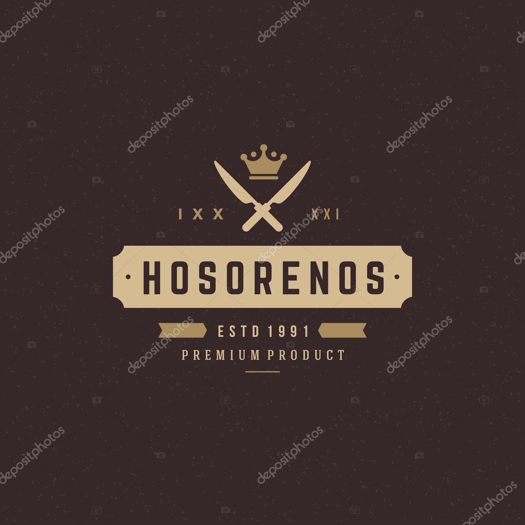 Restaurant Shop Design Element in Vintage Style for Logotype, Label, Badge and other design. Two knifes and crown retro vector illustration