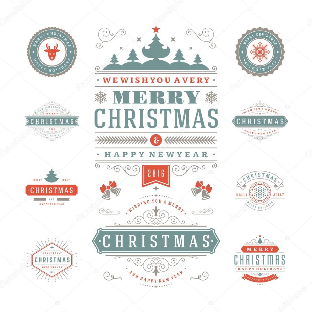 Christmas Labels and Badges Vector Design. Decorations elements, Symbols, Icons, Frames, Ornaments and Ribbons, set.