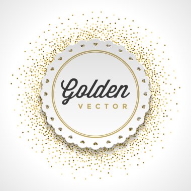 Gold Glitter Sparkles Bright Confetti White Paper Label Frame Vector Background clipart
