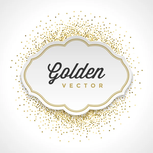 Gold Glitter Sparkles Bright Confetti White Paper Laber Frame Vector Background — стоковый вектор