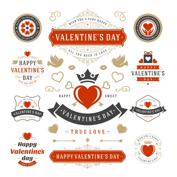 Set de etiquetas y tarjetas para el día de San Valentín, iconos del corazón Símbolos, tarjetas de felicitación, siluetas, tipografía retro Elementos de diseño vectorial . — Vector de stock