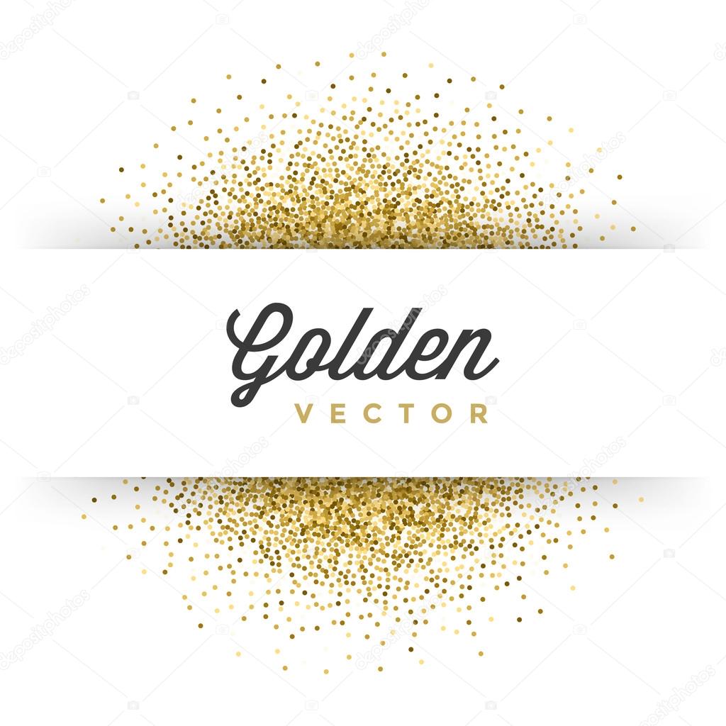 Gold Glitter Sparkles Bright Confetti White Paper Label Frame Vector Background. Good for Greeting Gold Cards, Luxury Invitation, Advertising, Voucher, Certificate, Banners, Golden Texture
