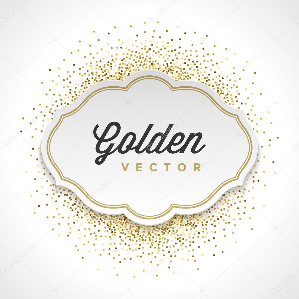 Gold Glitter Sparkles Bright Confetti White Paper Label Frame Vector Background
