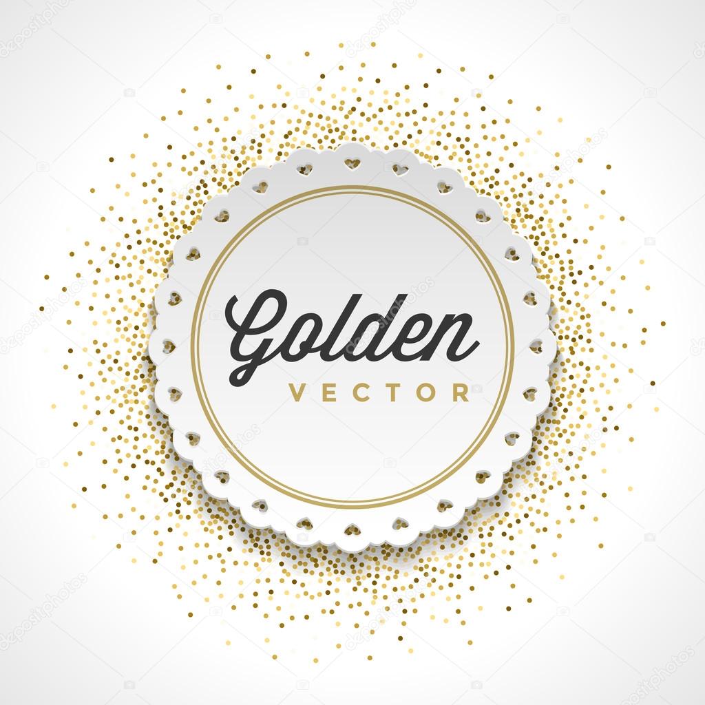 Gold Glitter Sparkles Bright Confetti White Paper Label Frame Vector Background