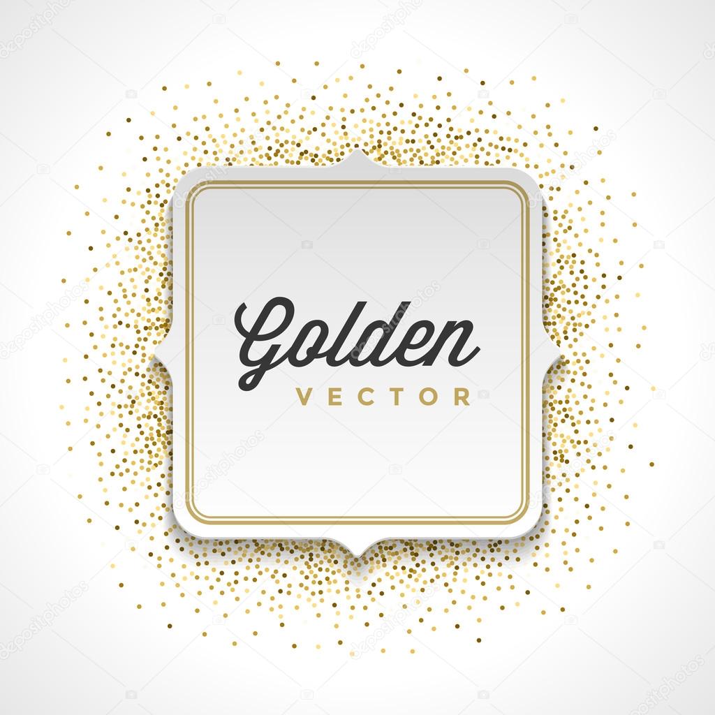 Gold Glitter Sparkles Bright Confetti White Paper Label Frame Vector Background. Good for Greeting Gold Cards, Luxury Invitation, Advertising, Voucher, Certificate, Banners, Golden Texture