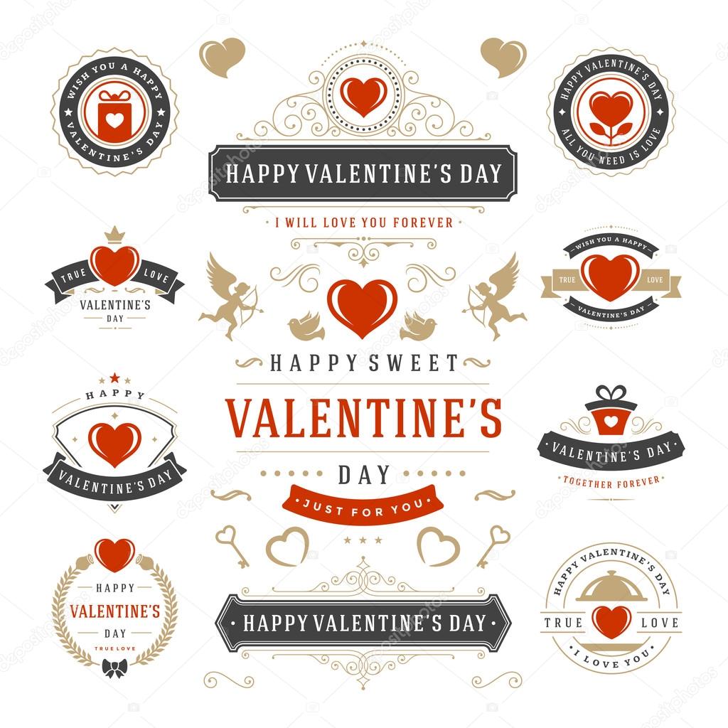 Valentines Day Labels and Cards Set, Heart Icons Symbols, Greetings Cards, Silhouettes, Retro Typography Vector Design Elements.