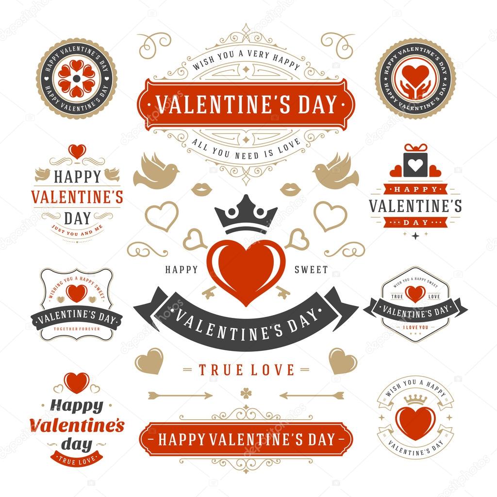 Valentines Day Labels and Cards Set, Heart Icons Symbols, Greetings Cards, Silhouettes, Retro Typography Vector Design Elements. Valentines day cards, Valentines Badges, Valentines Day Vector Labels