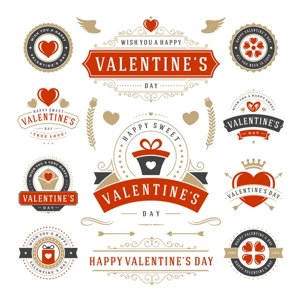 Dia dos Namorados Etiquetas e Cartões Set, Símbolos de Ícones do Coração, Cartões de Saudações, Silhuetas — Vetor de Stock