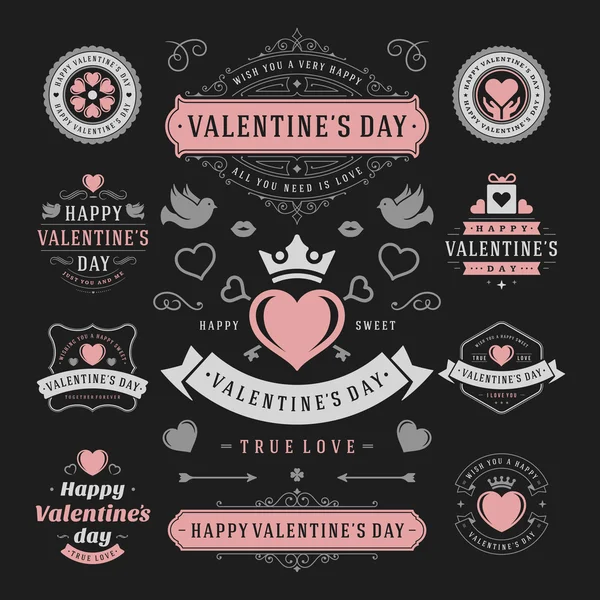 Set de etiquetas y tarjetas para el día de San Valentín, iconos del corazón Símbolos, tarjetas de felicitación, siluetas — Vector de stock