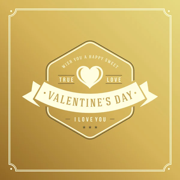 Valentines Day greeting card or poster vector illustration. Retro typographic design and heart shape on golden style background — Stok Vektör