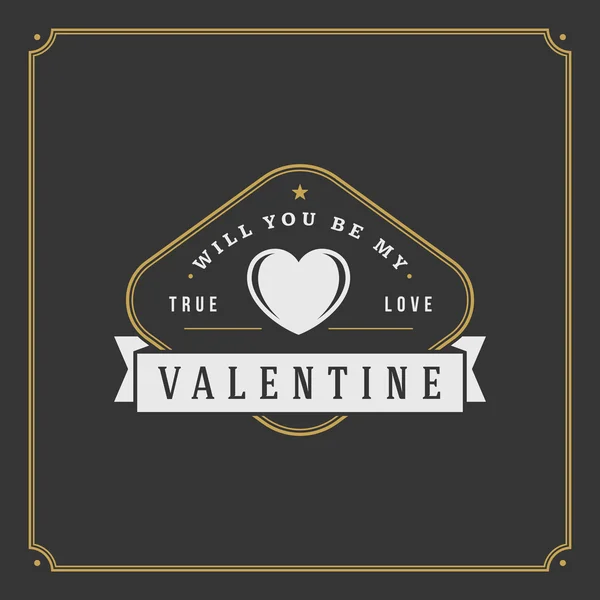 Valentines Day greeting Card or Poster and Heart vector illustration. Retro typographic design golden style on black background — Stockový vektor