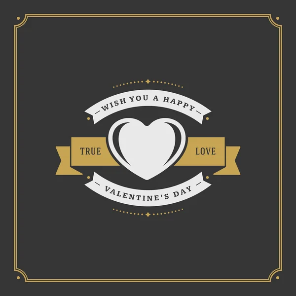 Valentines Day greeting Card or Poster and Heart vector illustration. Retro typographic design golden style on black background — Stok Vektör