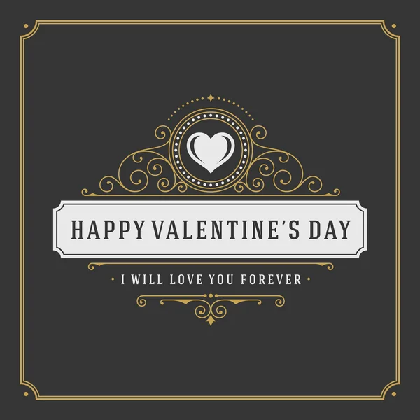 Valentines Day greeting Card or Poster and Heart vector illustration. Retro typographic design golden style on black background — Stock vektor