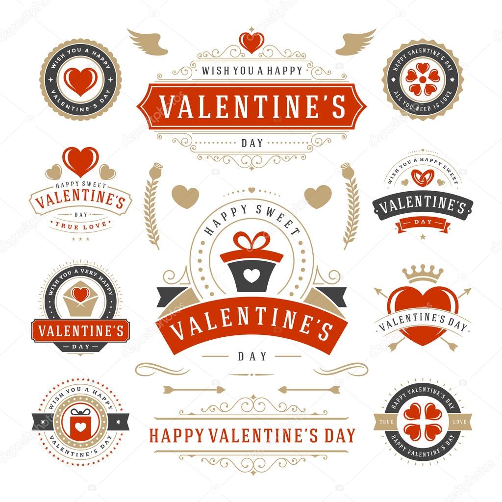 Valentines Day Labels and Cards Set, Heart Icons Symbols, Greetings Cards, Silhouettes, Retro Typography Vector Design Elements. Valentines day cards, Valentines Badges, Valentines Day Vector Labels