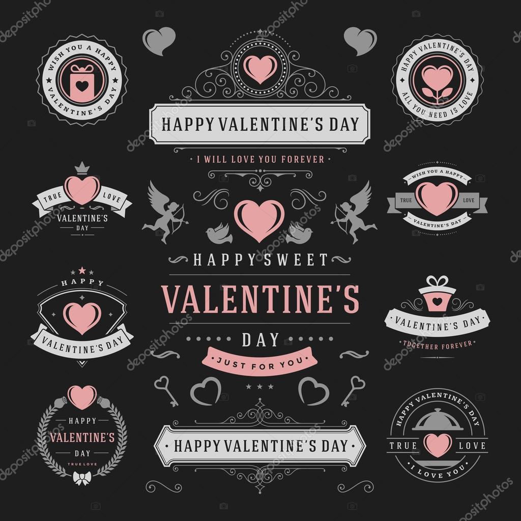 Valentines Day Labels and Cards Set, Heart Icons Symbols, Greetings Cards, Silhouettes, Retro Typography Vector Design Elements. Valentines day cards, Valentines Badges, Valentines Day Vector Labels