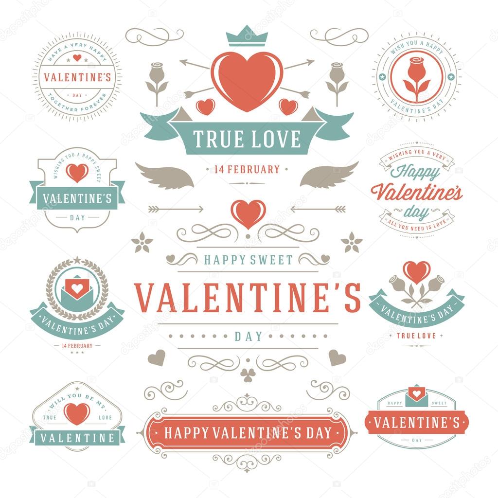 Valentines Day Labels and Cards Set, Heart Icons Symbols, Greetings Cards, Silhouettes