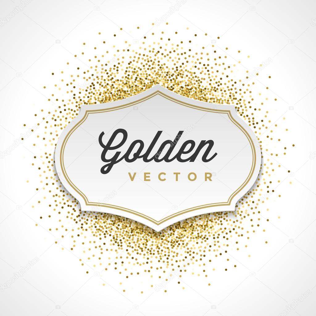 Gold Glitter Sparkles Bright Confetti White Paper Label Frame Vector Background. Good for Greeting Gold Cards, Luxury Invitation, Advertising, Voucher, Certificate, Banners, Golden Texture