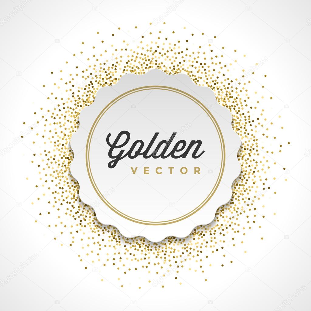 Gold Glitter Sparkles Bright Confetti White Paper Label Frame Vector Background. Good for Greeting Gold Cards, Luxury Invitation, Advertising, Voucher, Certificate, Banners, Golden Texture