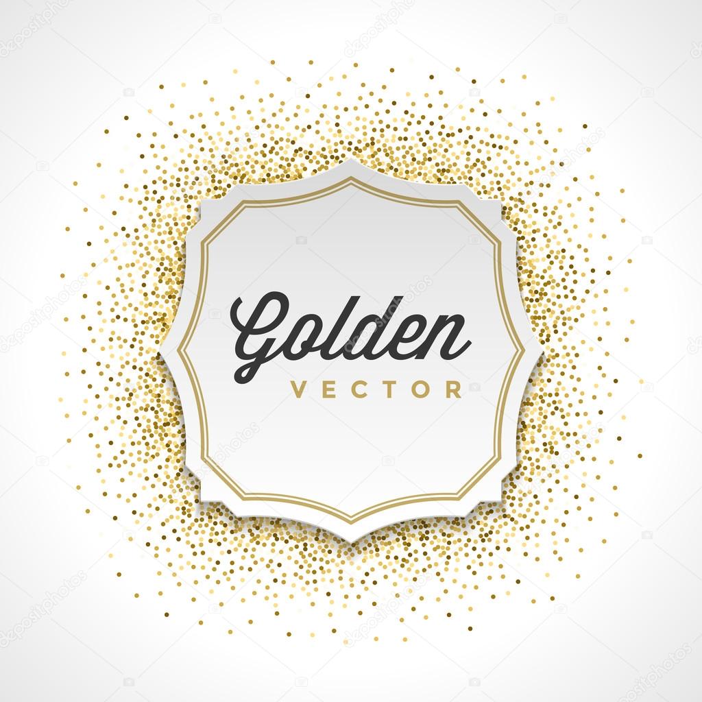 Gold Glitter Sparkles Bright Confetti White Paper Label Frame Vector Background