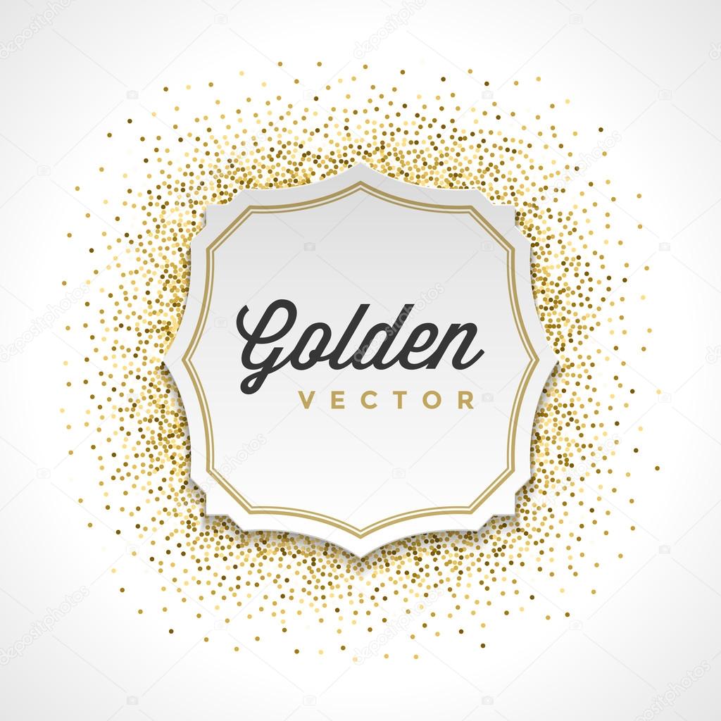 Gold Glitter Sparkles Bright Confetti White Paper Label Frame Vector Background. Good for Greeting Gold Cards, Luxury Invitation, Advertising, Voucher, Certificate, Banners, Golden Texture